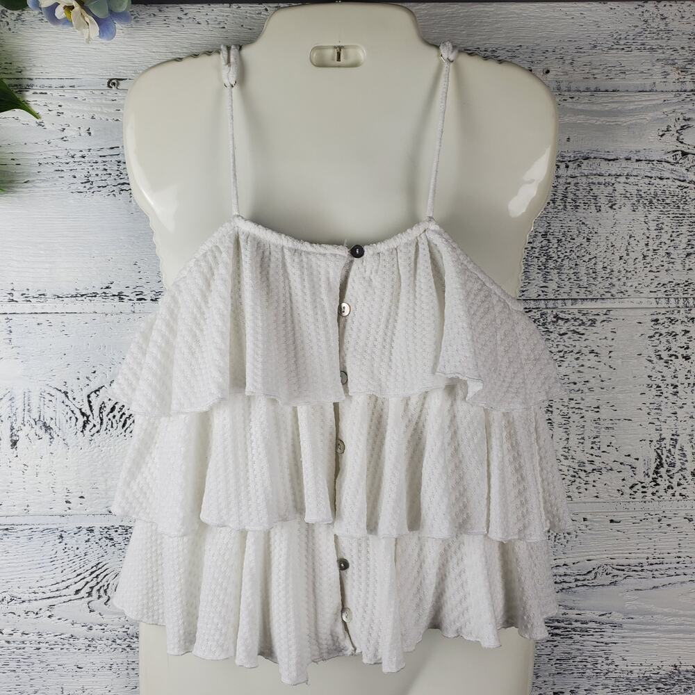 Artemis White Gauze Ruffle Crop Top Size Small Adjustable Straps Button Front